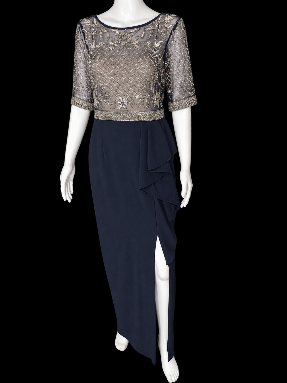 Title: Vintage NWT Adrianna Papell Navy Floor-Length Beaded Gown Size 8 🔥🔥🔥